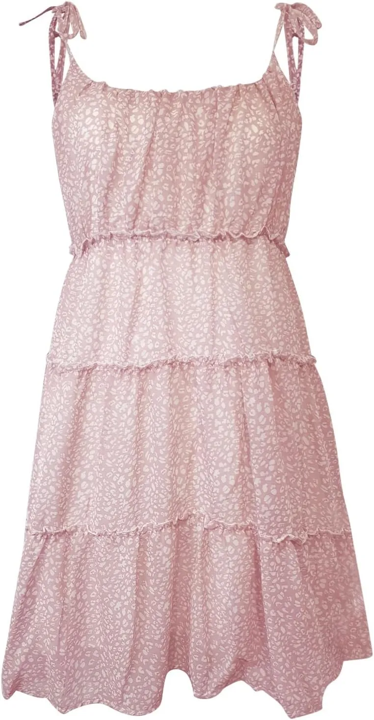 Spaghetti Strap Dresses for Women Halter Floral Mini Dress Beach Boho Cute Sundresses Tiered Ruffle Cami Dress