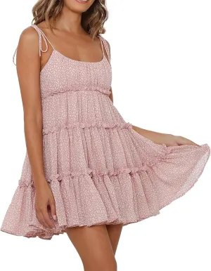 Spaghetti Strap Dresses for Women Halter Floral Mini Dress Beach Boho Cute Sundresses Tiered Ruffle Cami Dress