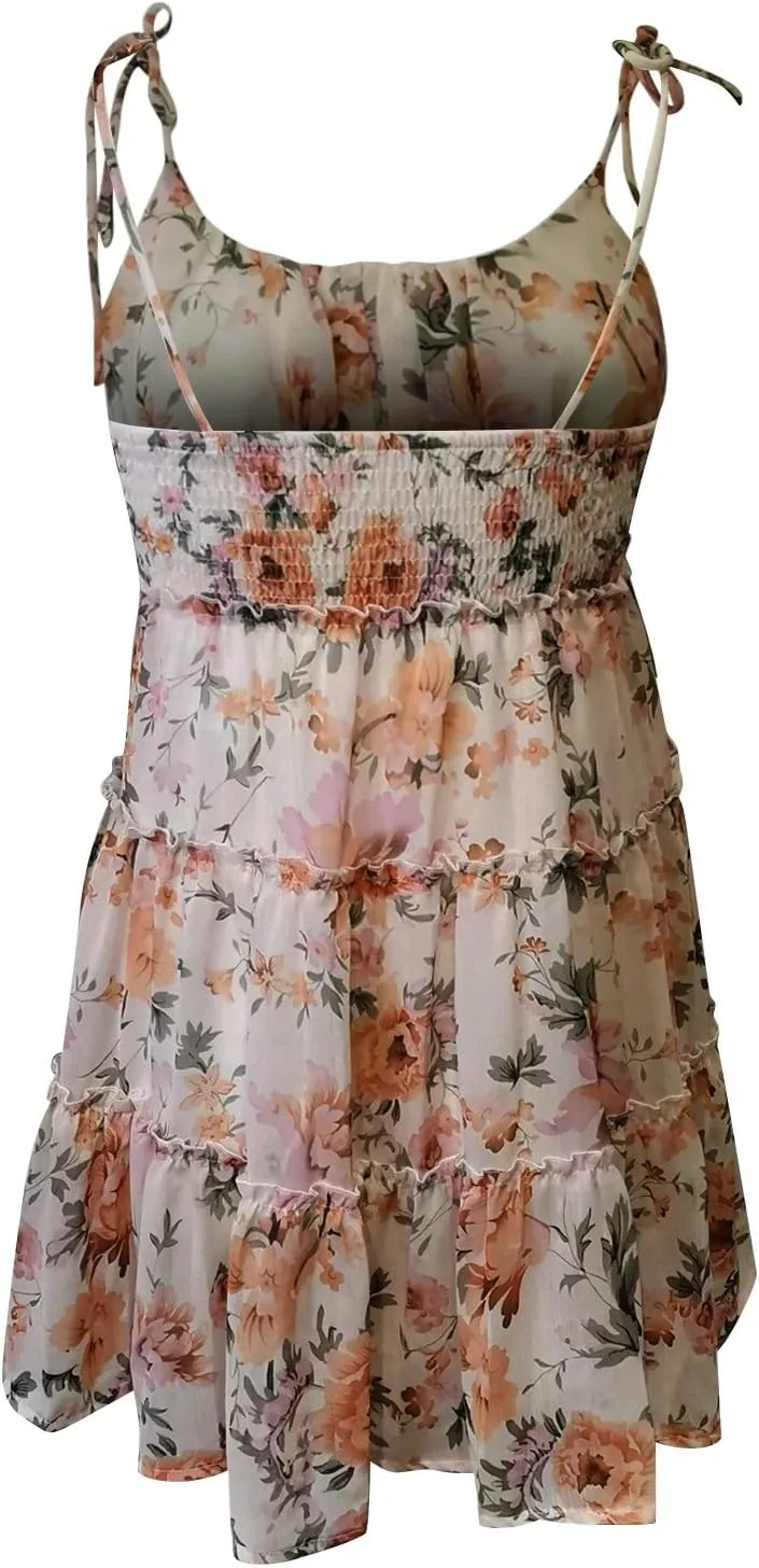 Spaghetti Strap Dresses for Women Halter Floral Mini Dress Beach Boho Cute Sundresses Tiered Ruffle Cami Dress