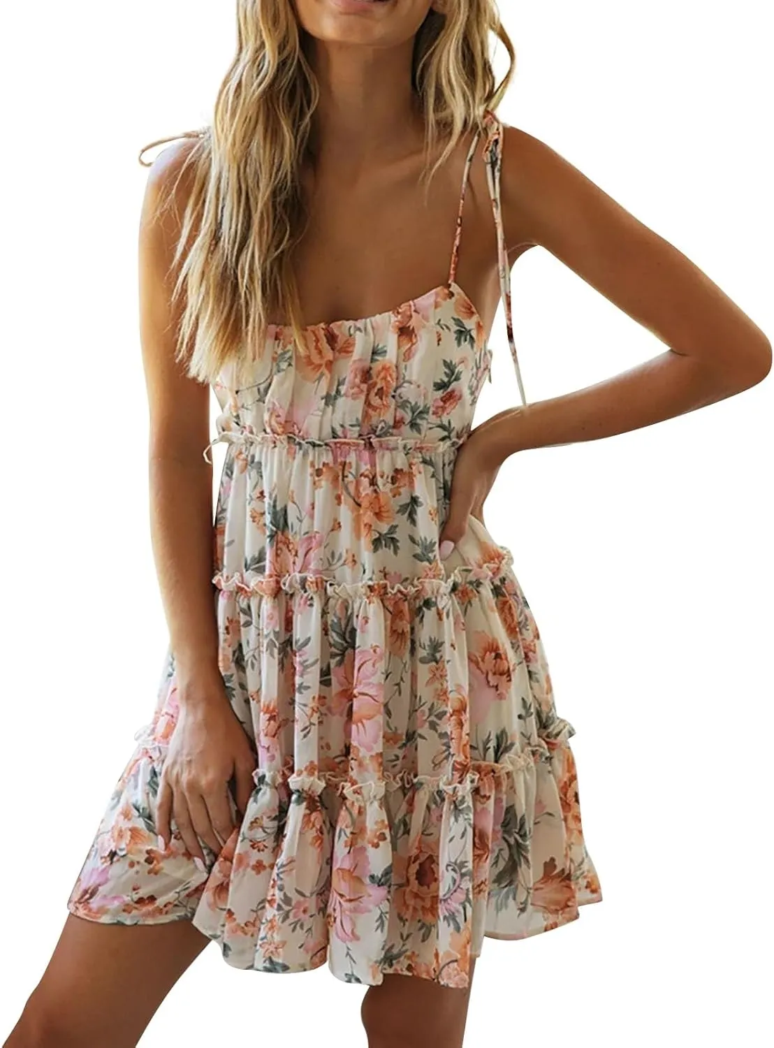 Spaghetti Strap Dresses for Women Halter Floral Mini Dress Beach Boho Cute Sundresses Tiered Ruffle Cami Dress