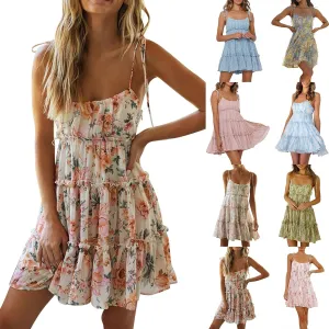 Spaghetti Strap Dresses for Women Halter Floral Mini Dress Beach Boho Cute Sundresses Tiered Ruffle Cami Dress