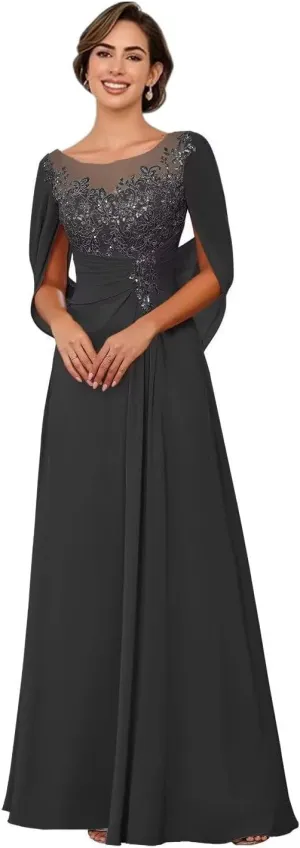 Sparkly Lace Appliques Mother of The Bride Dresses for Wedding Cape Scoop Chiffon Formal Evening Dress