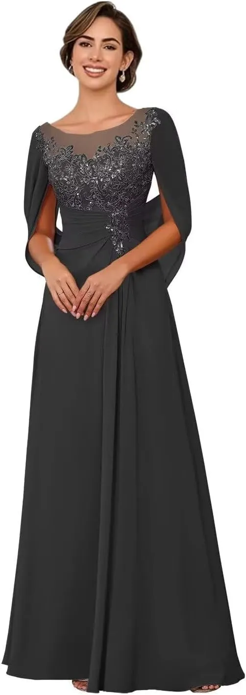 Sparkly Lace Appliques Mother of The Bride Dresses for Wedding Cape Scoop Chiffon Formal Evening Dress