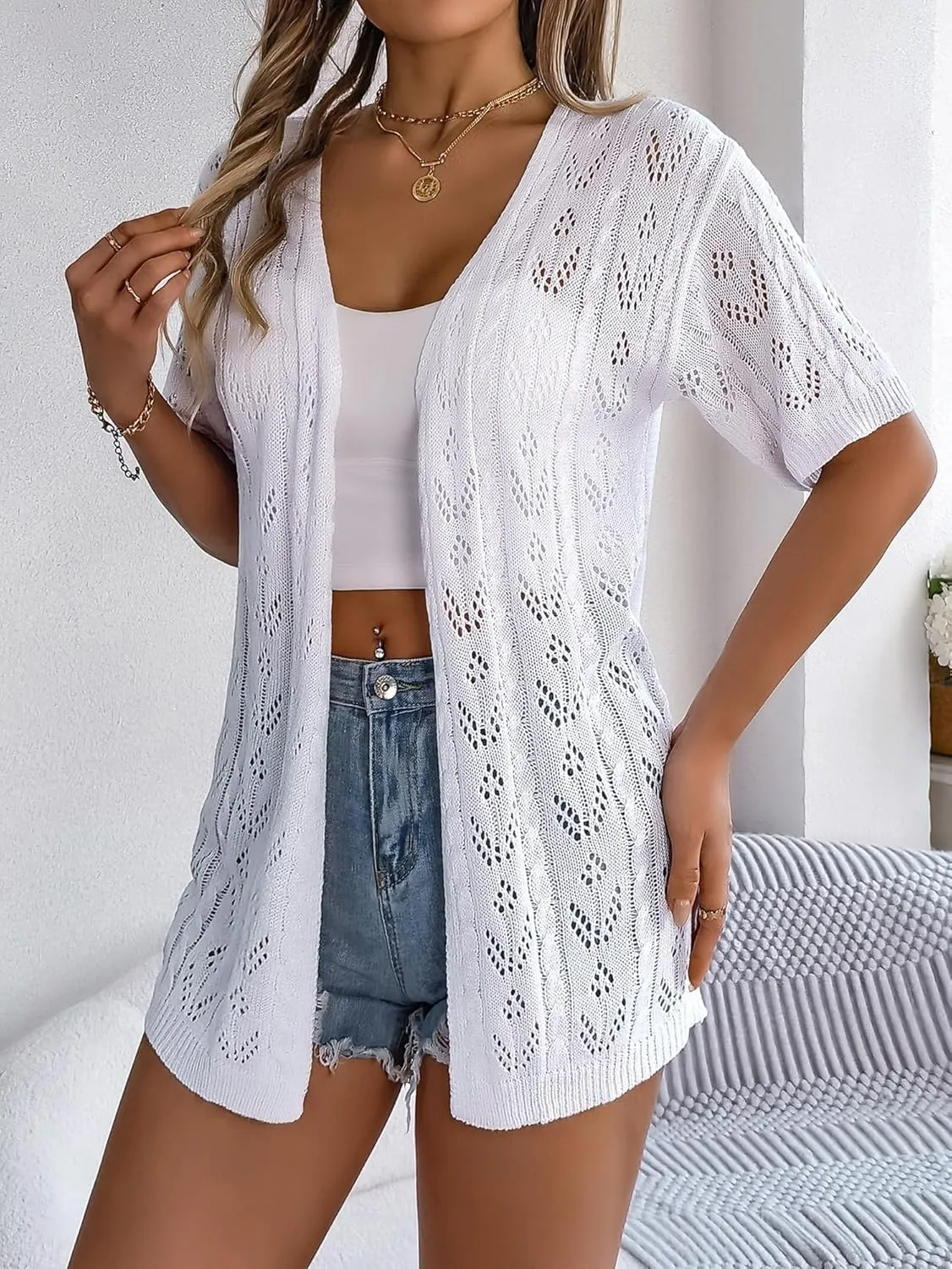 Spicy Sandia Women's Short Sleeve Crochet Cardigan Sweater for Summer Lightweight