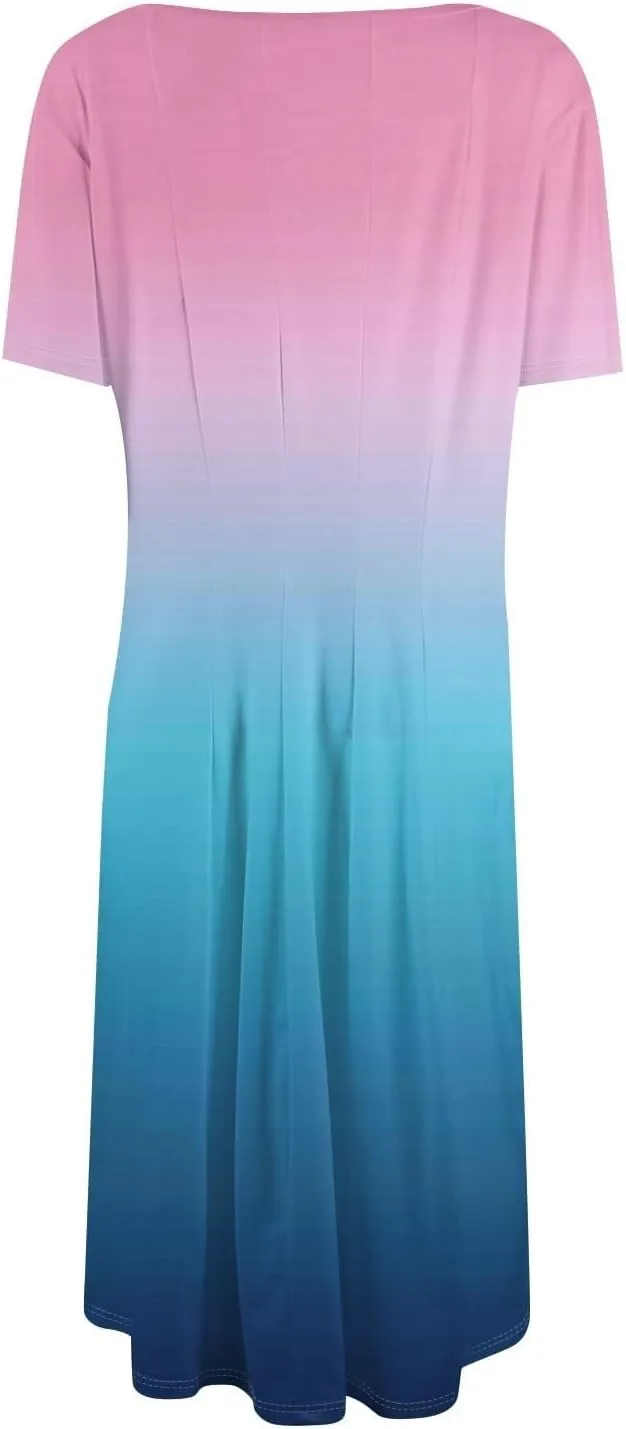 Summer Dresses for Women 2025 Boho Floral Midi Short Sleeve Crewneck Dresses Elegant Side Pocket Pleated Dress