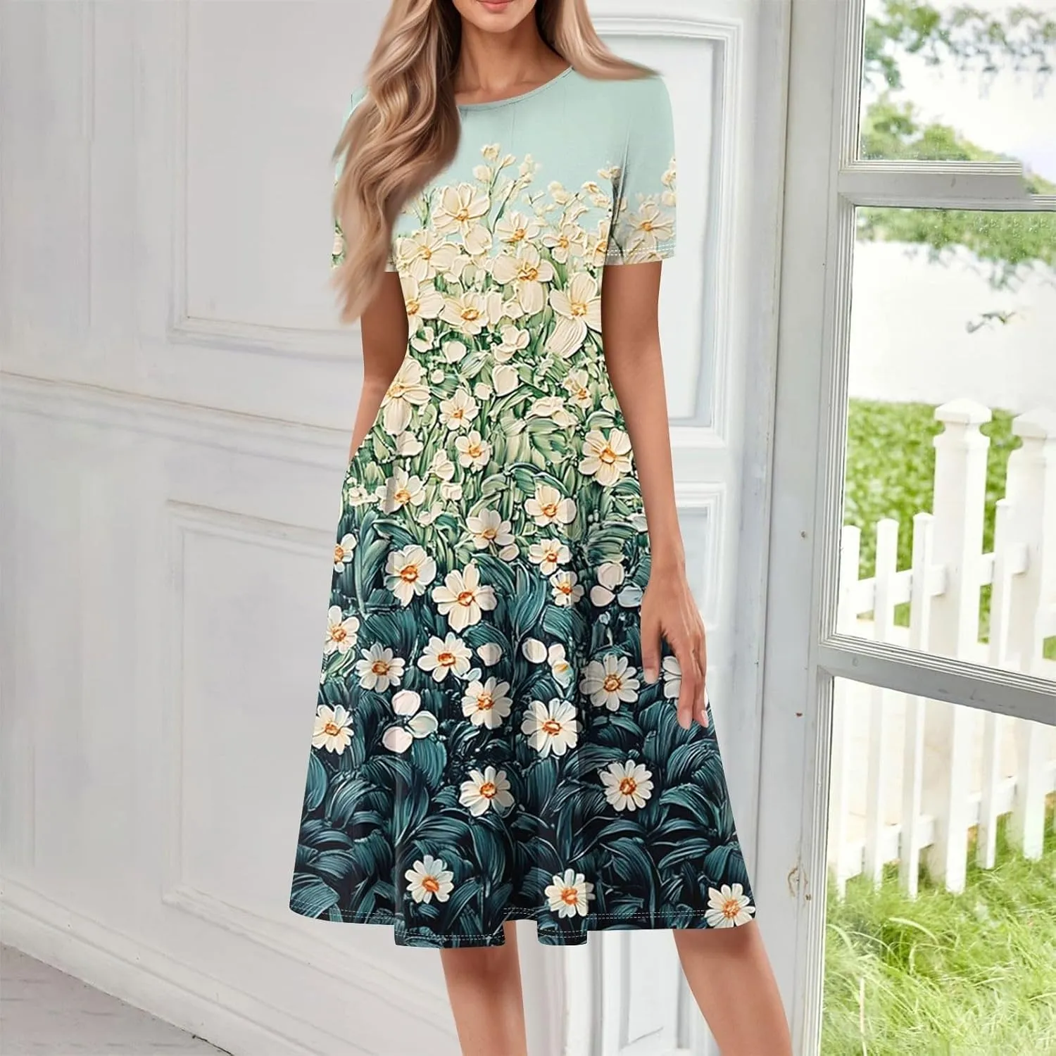 Summer Dresses for Women 2025 Boho Floral Midi Short Sleeve Crewneck Dresses Elegant Side Pocket Pleated Dress