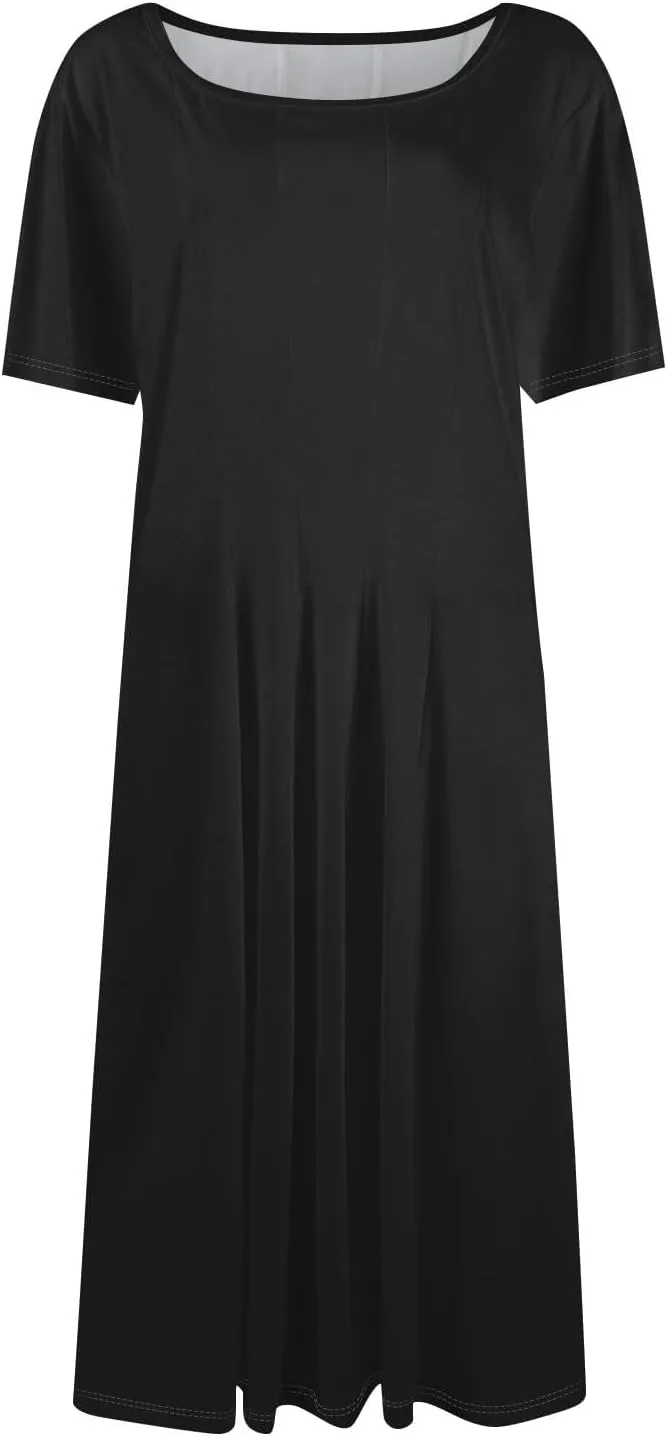 Summer Dresses for Women 2025 Boho Floral Midi Short Sleeve Crewneck Dresses Elegant Side Pocket Pleated Dress