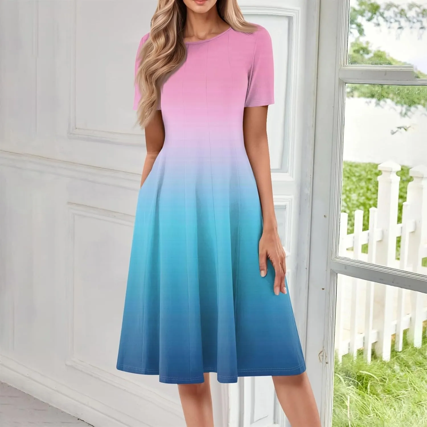 Summer Dresses for Women 2025 Boho Floral Midi Short Sleeve Crewneck Dresses Elegant Side Pocket Pleated Dress