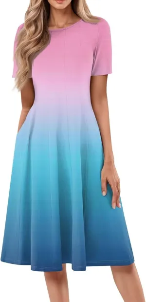 Summer Dresses for Women 2025 Boho Floral Midi Short Sleeve Crewneck Dresses Elegant Side Pocket Pleated Dress