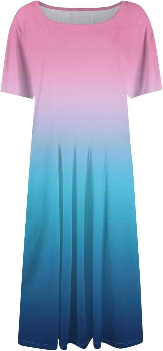 Summer Dresses for Women 2025 Boho Floral Midi Short Sleeve Crewneck Dresses Elegant Side Pocket Pleated Dress