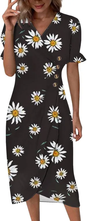 Summer Dresses for Women 2025 Boho Floral V Neck Dress Short Sleeve Irregular Hem Midi Dress