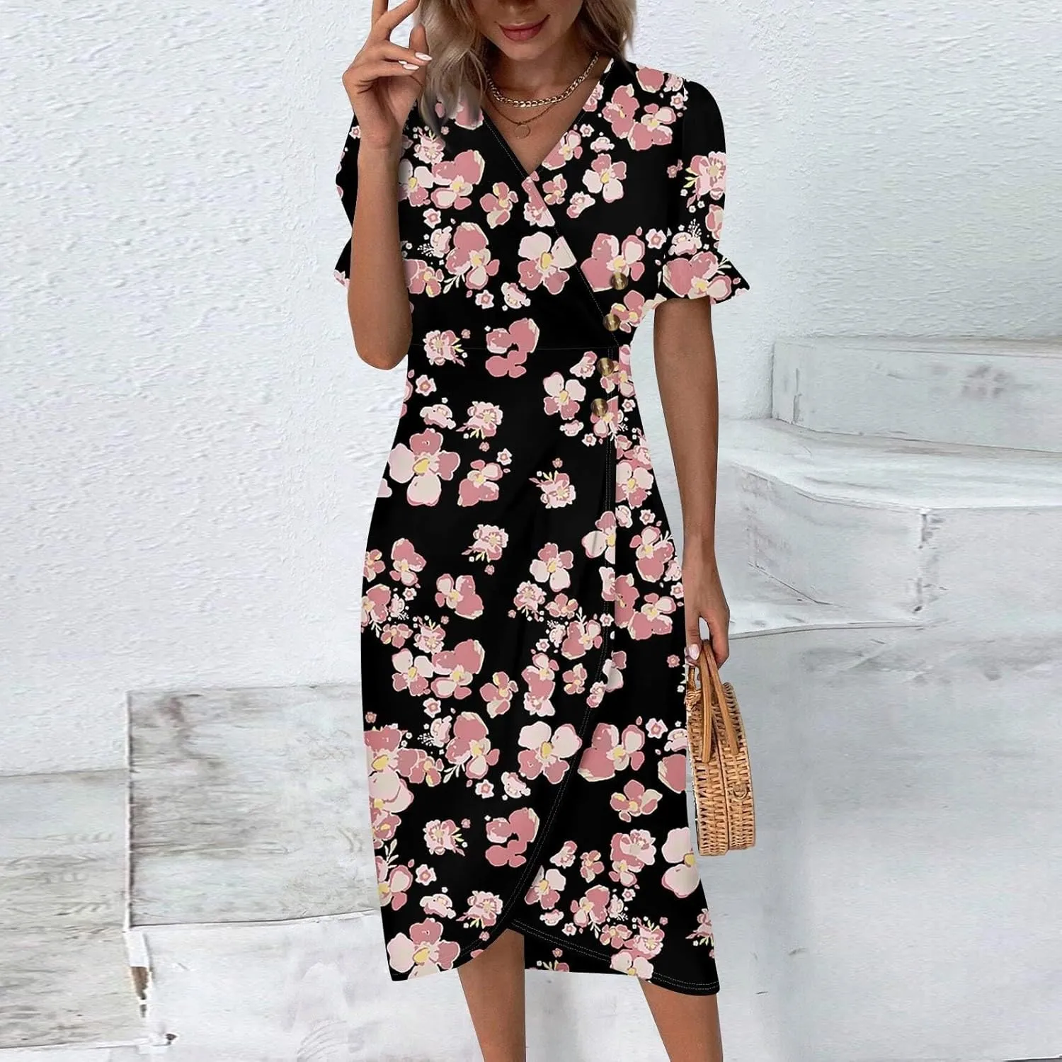 Summer Dresses for Women 2025 Boho Floral V Neck Dress Short Sleeve Irregular Hem Midi Dress