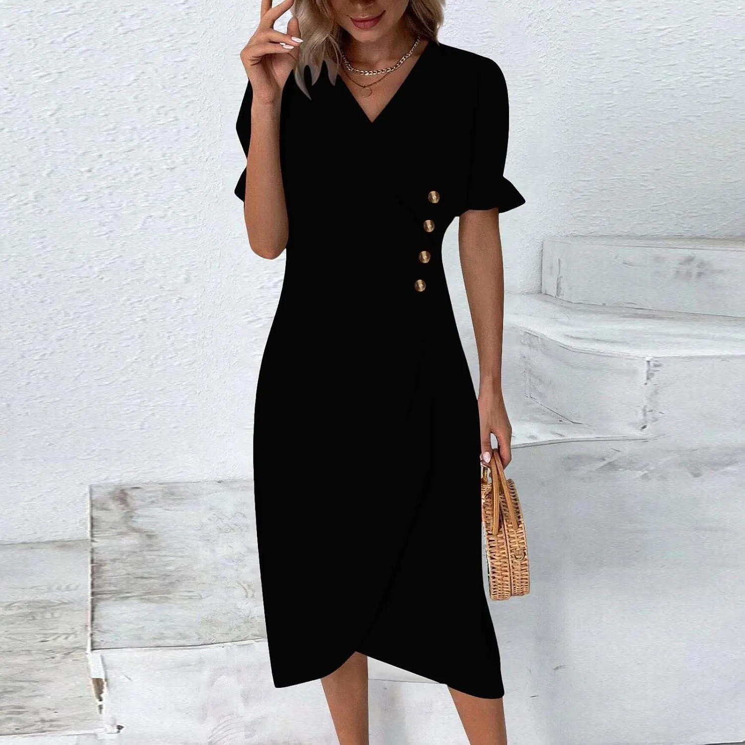 Summer Dresses for Women 2025 Boho Floral V Neck Dress Short Sleeve Irregular Hem Midi Dress