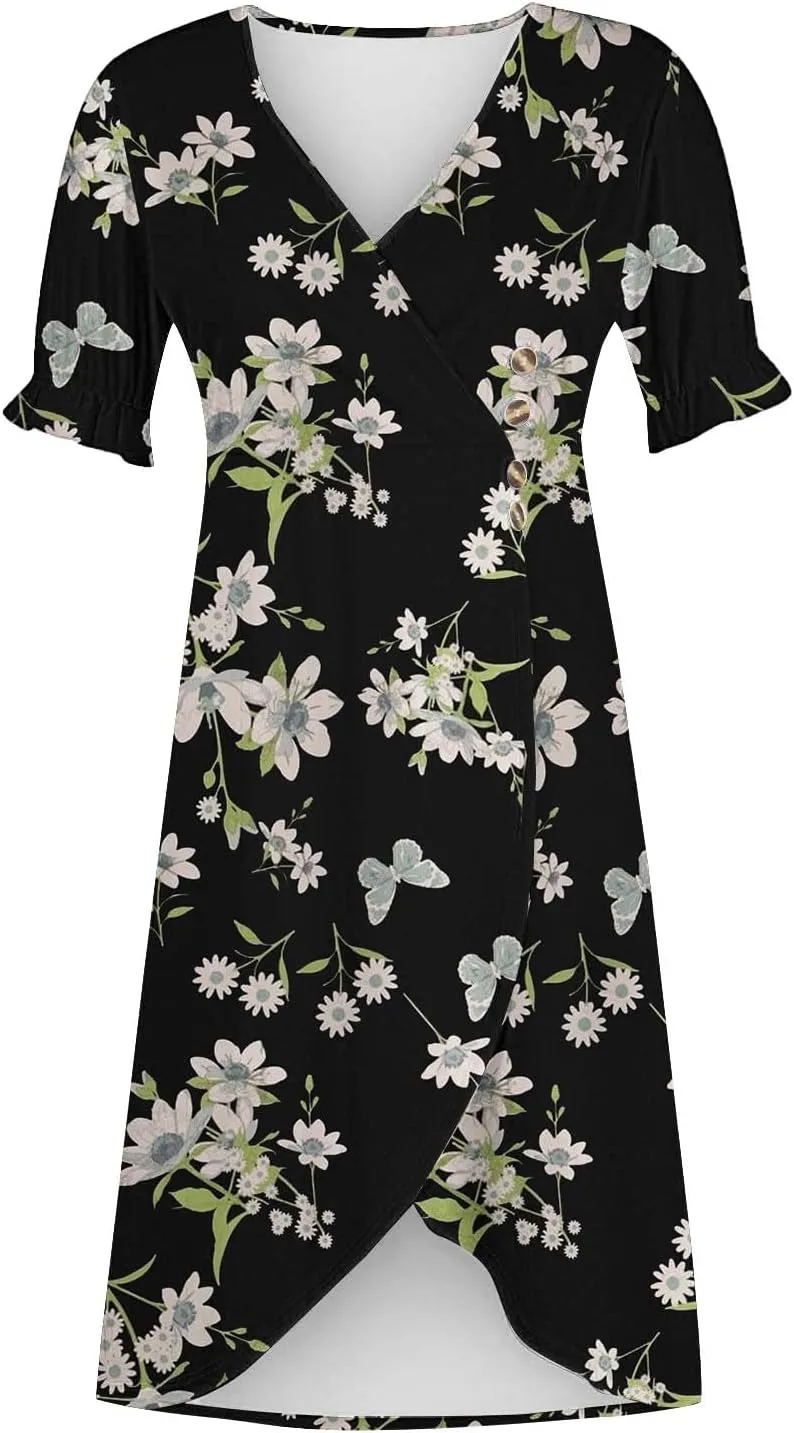 Summer Dresses for Women 2025 Boho Floral V Neck Dress Short Sleeve Irregular Hem Midi Dress