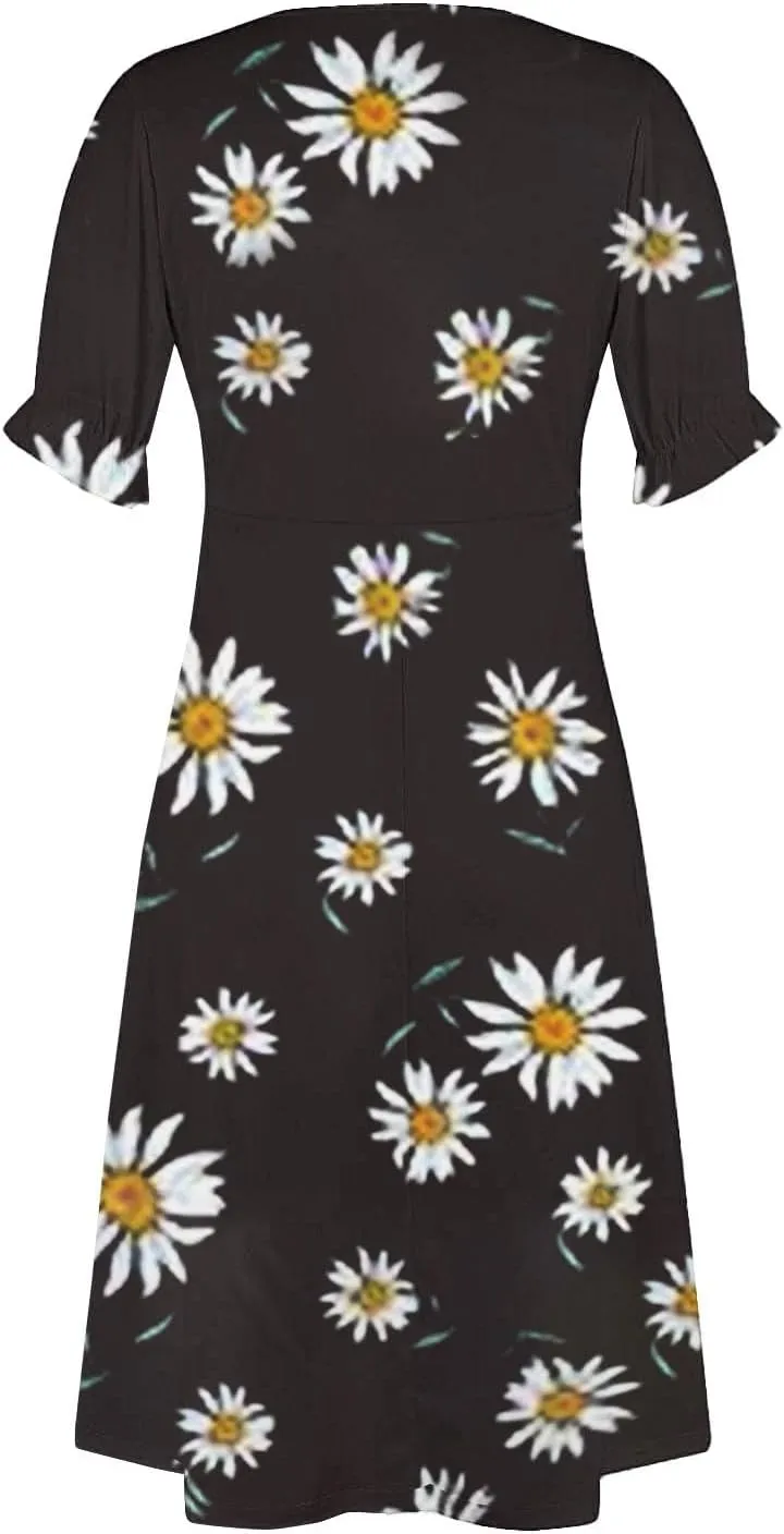 Summer Dresses for Women 2025 Boho Floral V Neck Dress Short Sleeve Irregular Hem Midi Dress