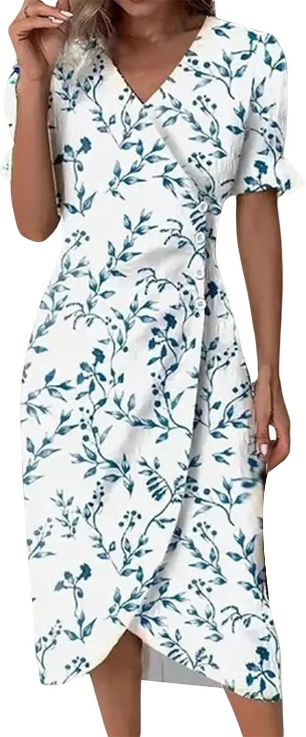 Summer Dresses for Women 2025 Boho Floral V Neck Dress Short Sleeve Irregular Hem Midi Dress