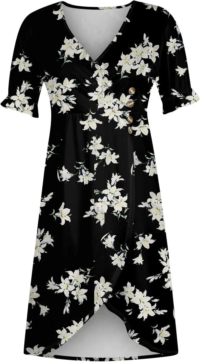 Summer Dresses for Women 2025 Boho Floral V Neck Dress Short Sleeve Irregular Hem Midi Dress