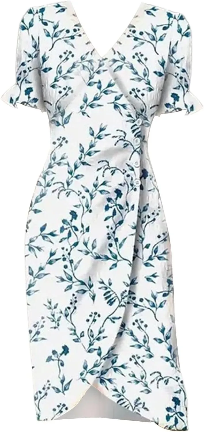 Summer Dresses for Women 2025 Boho Floral V Neck Dress Short Sleeve Irregular Hem Midi Dress