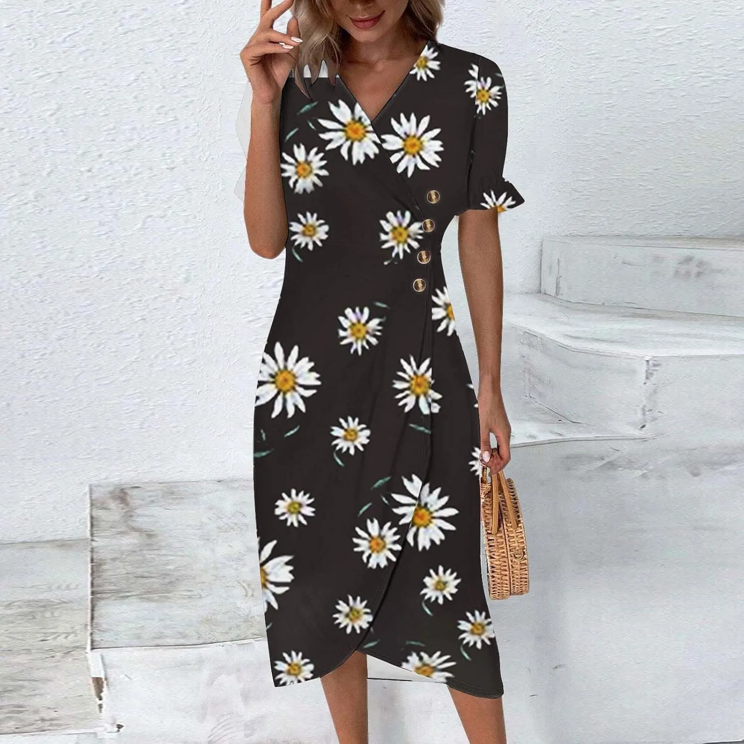 Summer Dresses for Women 2025 Boho Floral V Neck Dress Short Sleeve Irregular Hem Midi Dress