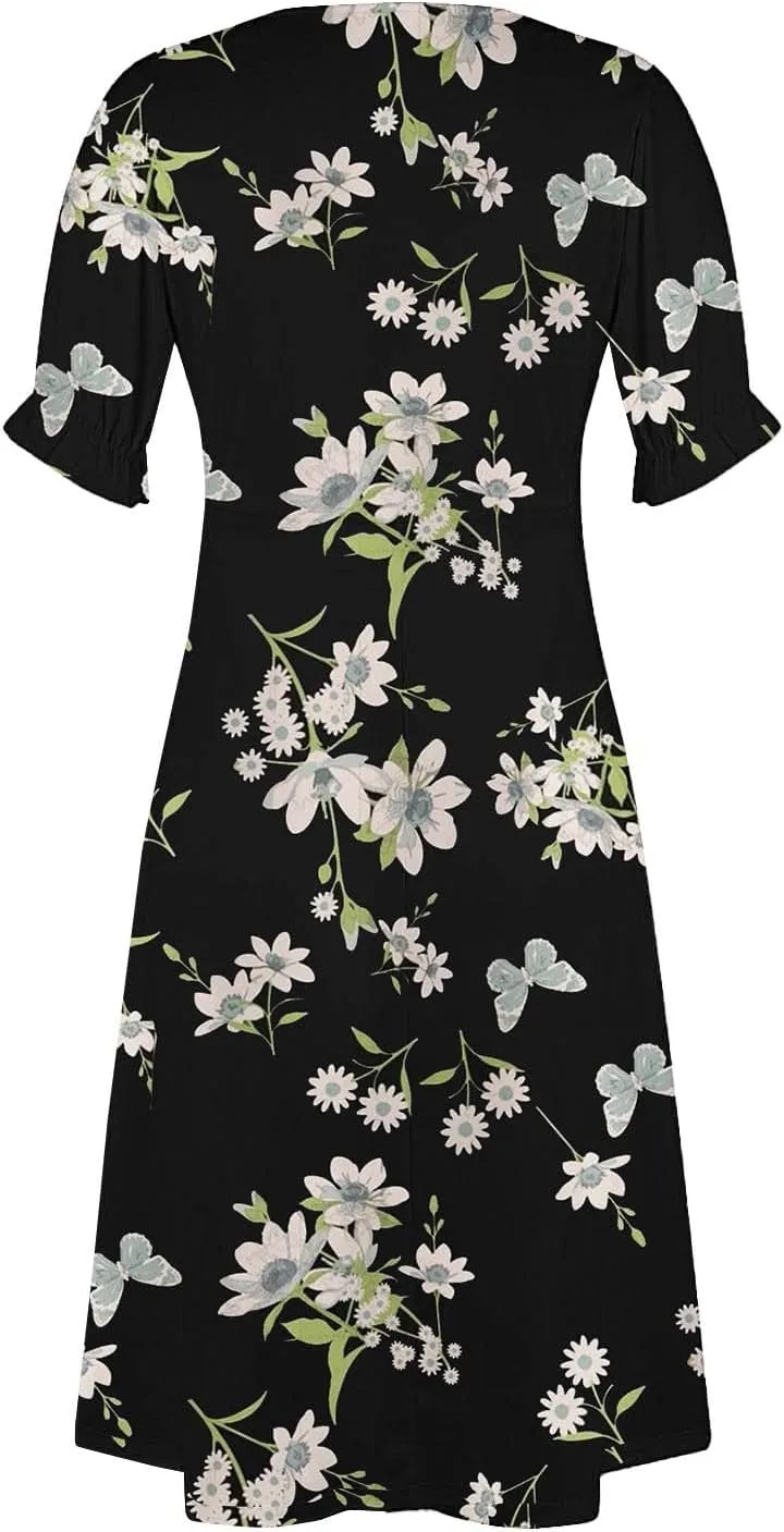Summer Dresses for Women 2025 Boho Floral V Neck Dress Short Sleeve Irregular Hem Midi Dress