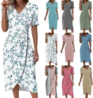 Summer Dresses for Women 2025 Boho Floral V Neck Dress Short Sleeve Irregular Hem Midi Dress