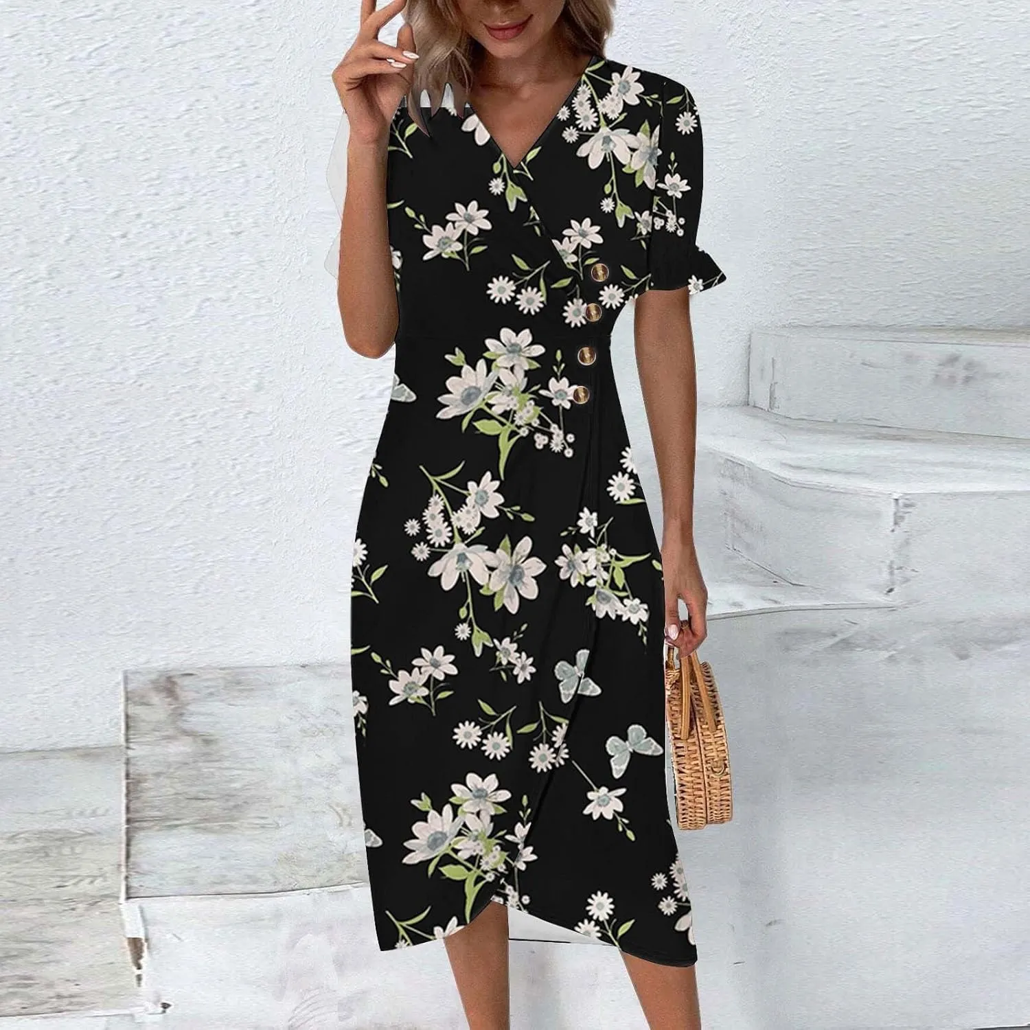Summer Dresses for Women 2025 Boho Floral V Neck Dress Short Sleeve Irregular Hem Midi Dress