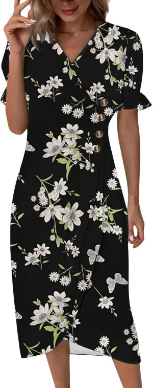 Summer Dresses for Women 2025 Boho Floral V Neck Dress Short Sleeve Irregular Hem Midi Dress