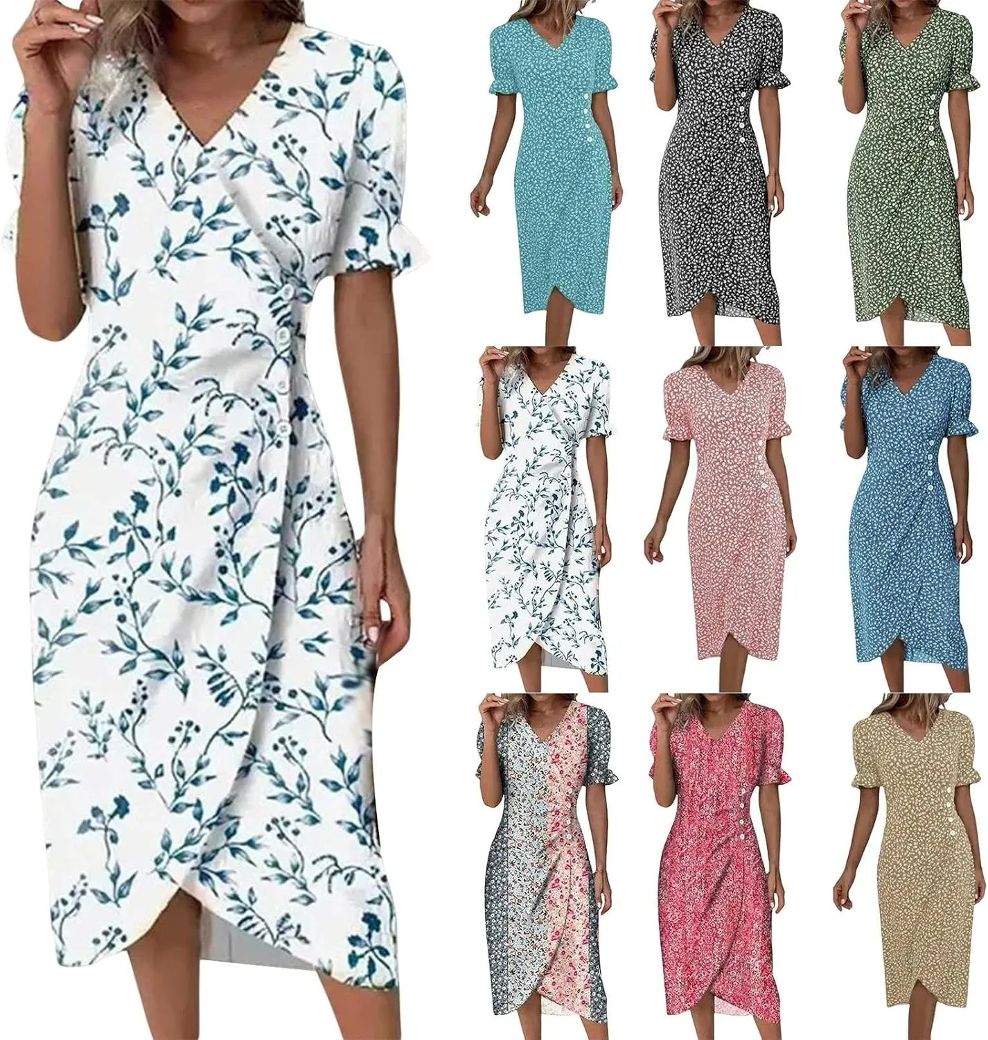 Summer Dresses for Women 2025 Boho Floral V Neck Dress Short Sleeve Irregular Hem Midi Dress