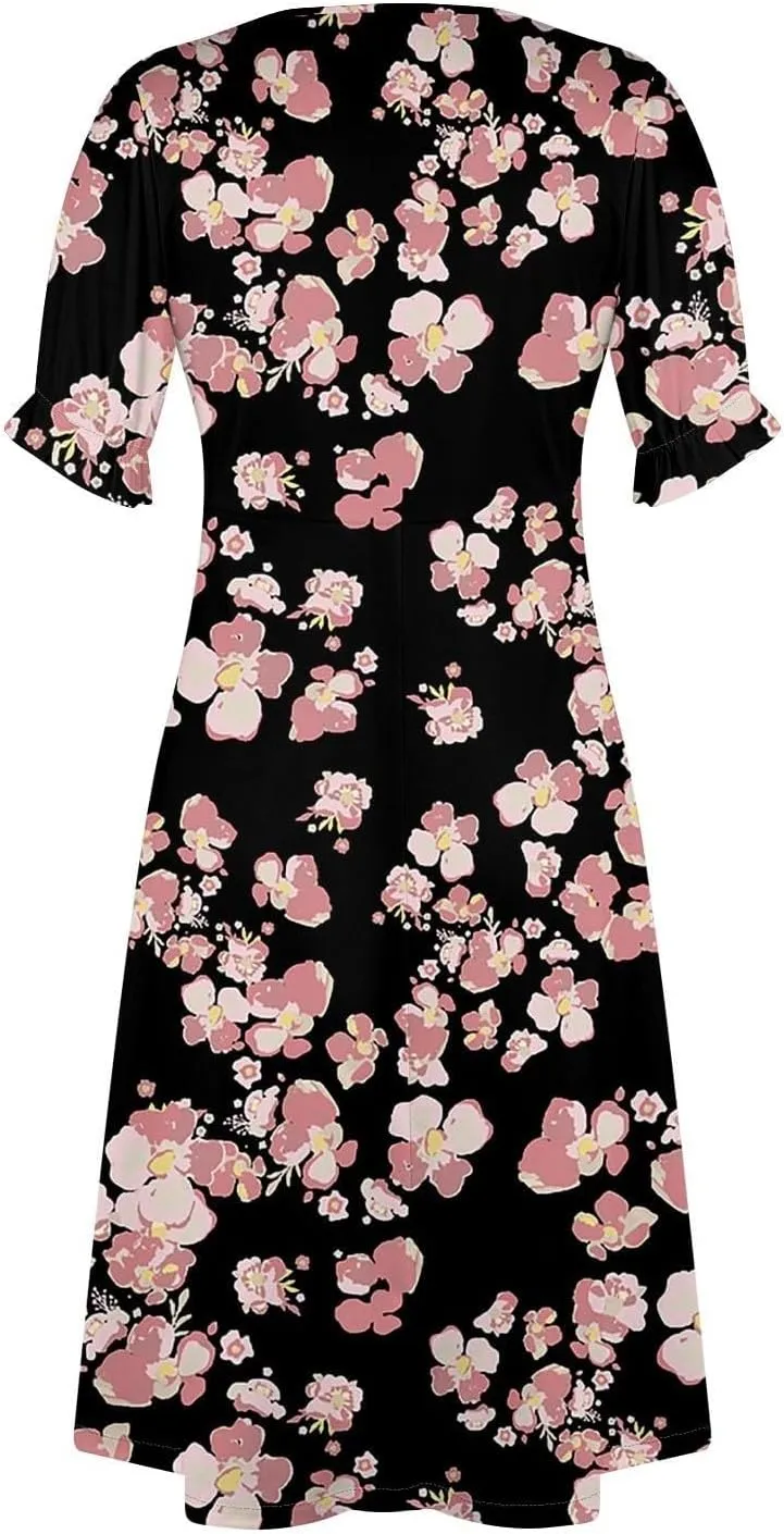 Summer Dresses for Women 2025 Boho Floral V Neck Dress Short Sleeve Irregular Hem Midi Dress