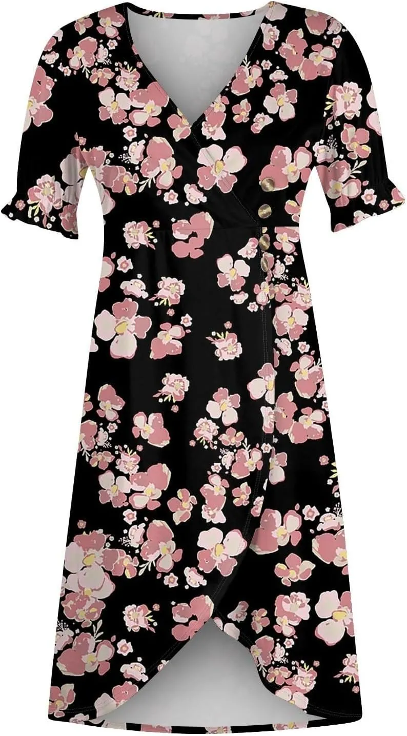 Summer Dresses for Women 2025 Boho Floral V Neck Dress Short Sleeve Irregular Hem Midi Dress