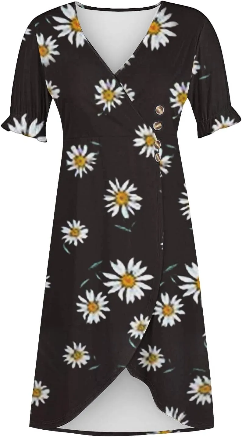 Summer Dresses for Women 2025 Boho Floral V Neck Dress Short Sleeve Irregular Hem Midi Dress