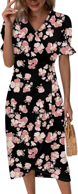 Summer Dresses for Women 2025 Boho Floral V Neck Dress Short Sleeve Irregular Hem Midi Dress