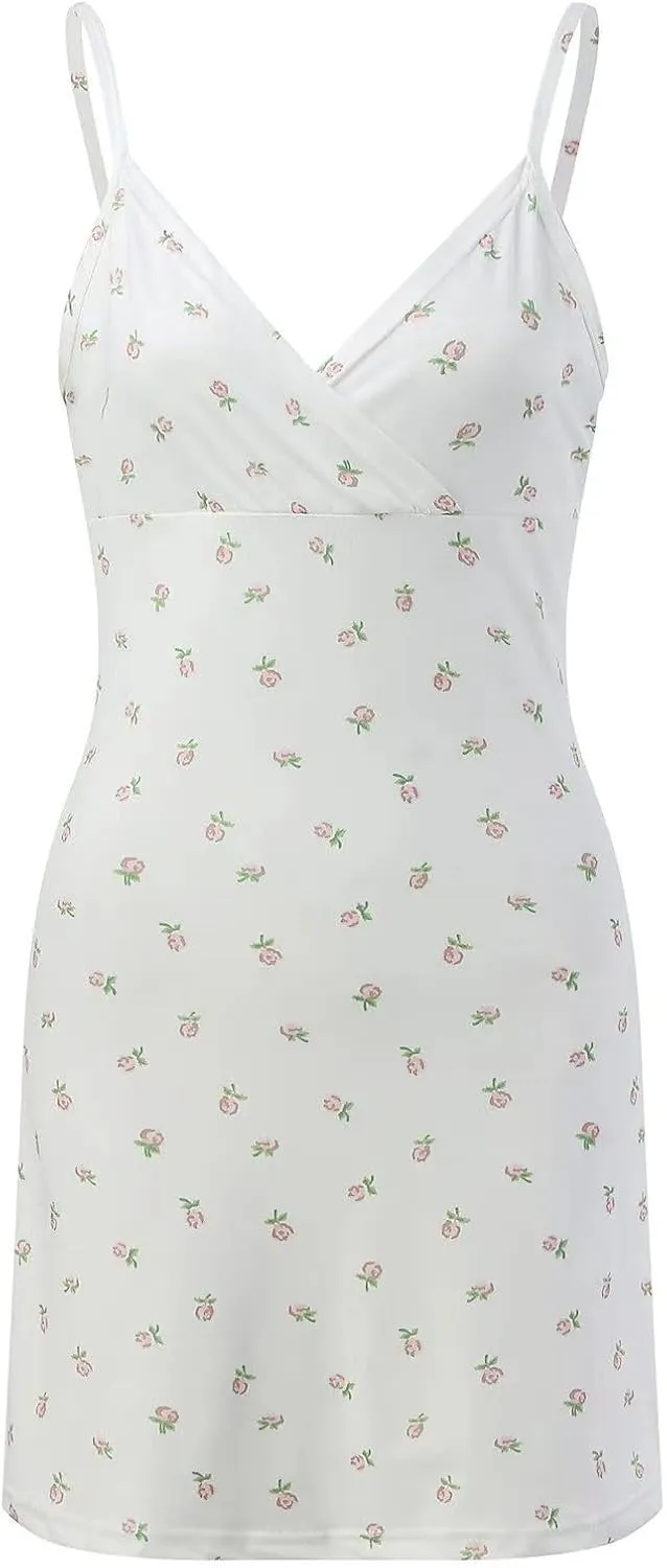 Summer Dresses for Women 2025 Boho Sexy Sleeveless Floral Print Tie Shoulder Cami Mini Dress A Line V-Neck Short Dresses