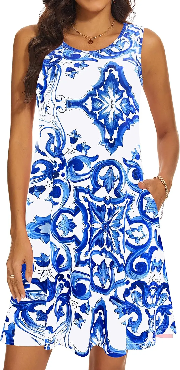 Summer Dresses for Women 2025 Casual Sundresses Beach Cover Ups Sleeveless Tshirt Swing Dress with Pockets