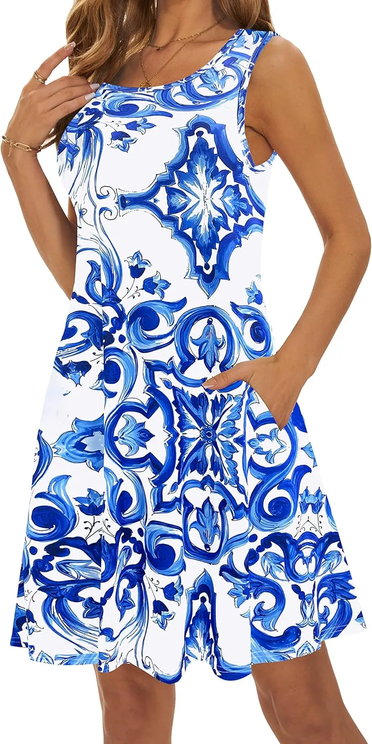 Summer Dresses for Women 2025 Casual Sundresses Beach Cover Ups Sleeveless Tshirt Swing Dress with Pockets