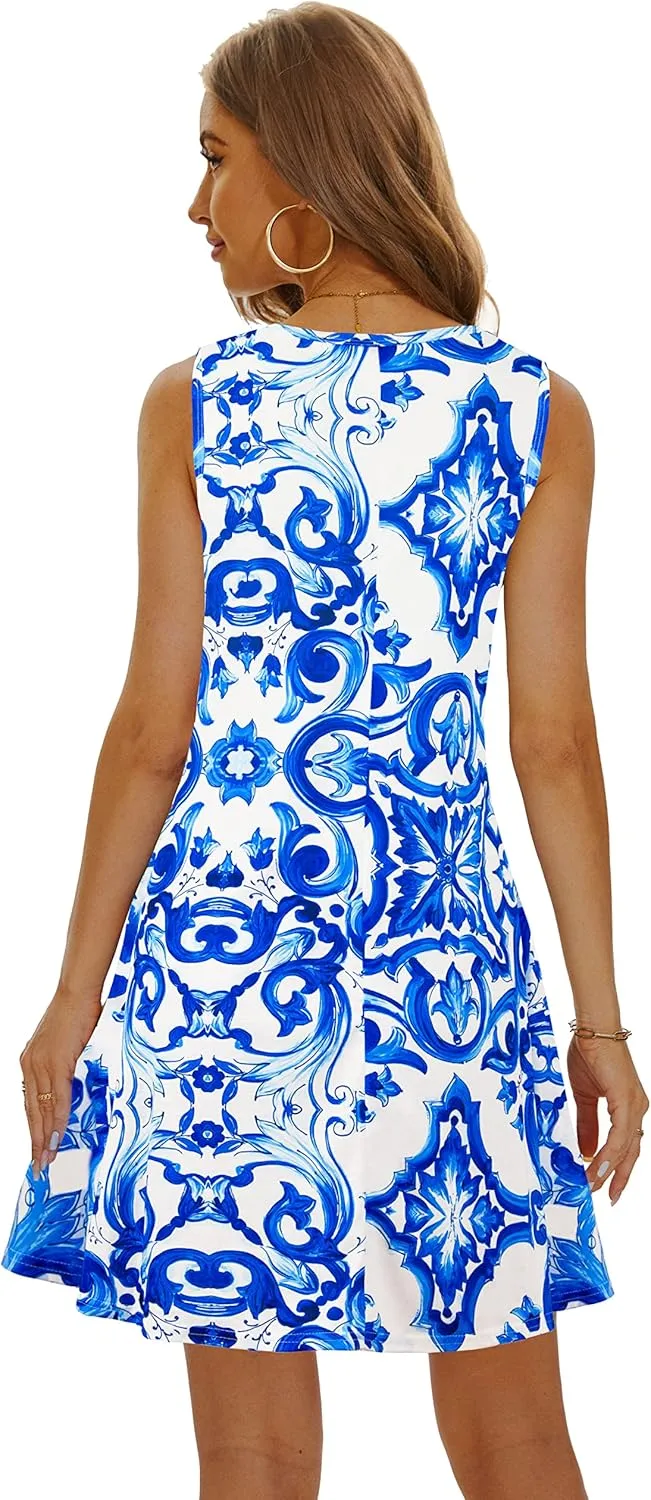 Summer Dresses for Women 2025 Casual Sundresses Beach Cover Ups Sleeveless Tshirt Swing Dress with Pockets