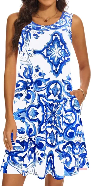 Summer Dresses for Women 2025 Casual Sundresses Beach Cover Ups Sleeveless Tshirt Swing Dress with Pockets