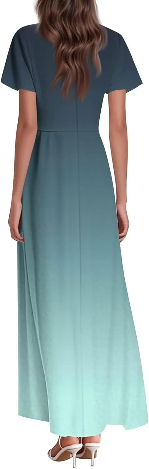 Summer Dresses for Women 2025 Floral V Neck Wrap Short Sleeve Dress Flowy Ruffle Elegant Casual Wedding Guest Dresses