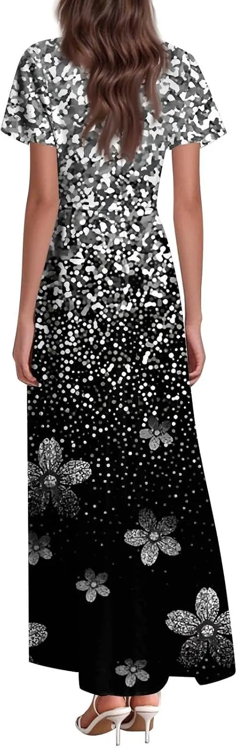 Summer Dresses for Women 2025 Floral V Neck Wrap Short Sleeve Dress Flowy Ruffle Elegant Casual Wedding Guest Dresses