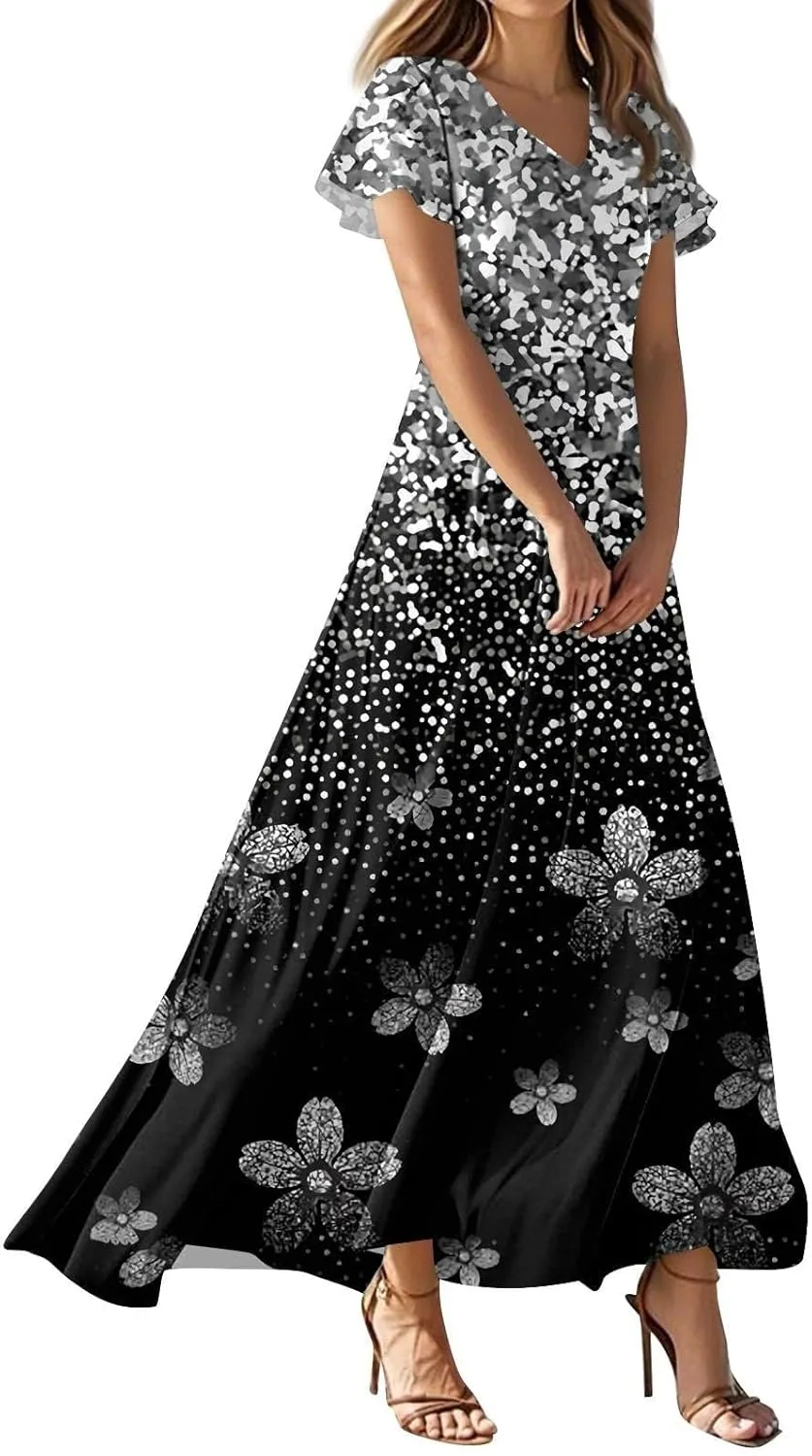 Summer Dresses for Women 2025 Floral V Neck Wrap Short Sleeve Dress Flowy Ruffle Elegant Casual Wedding Guest Dresses