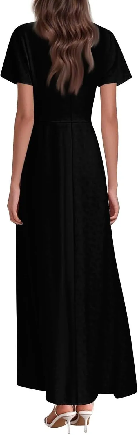 Summer Dresses for Women 2025 Floral V Neck Wrap Short Sleeve Dress Flowy Ruffle Elegant Casual Wedding Guest Dresses