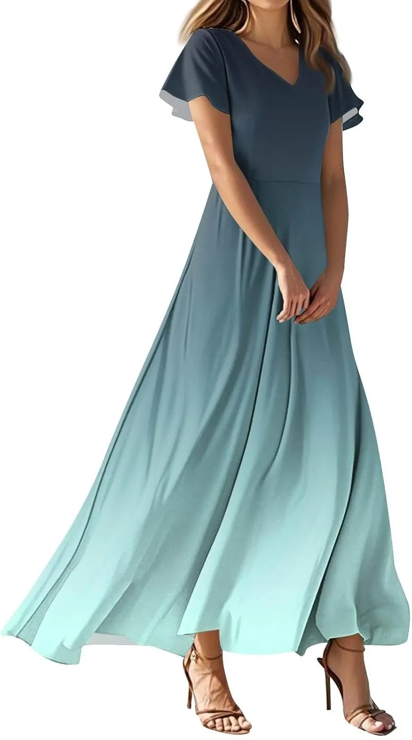 Summer Dresses for Women 2025 Floral V Neck Wrap Short Sleeve Dress Flowy Ruffle Elegant Casual Wedding Guest Dresses
