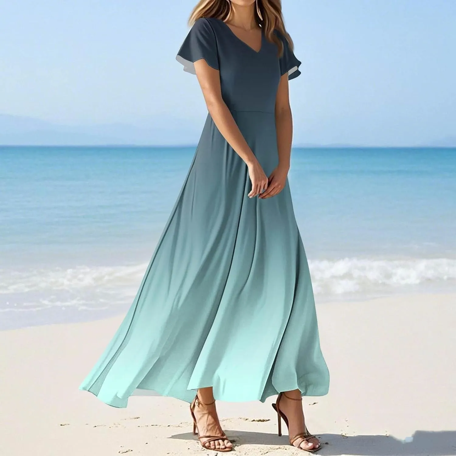 Summer Dresses for Women 2025 Floral V Neck Wrap Short Sleeve Dress Flowy Ruffle Elegant Casual Wedding Guest Dresses