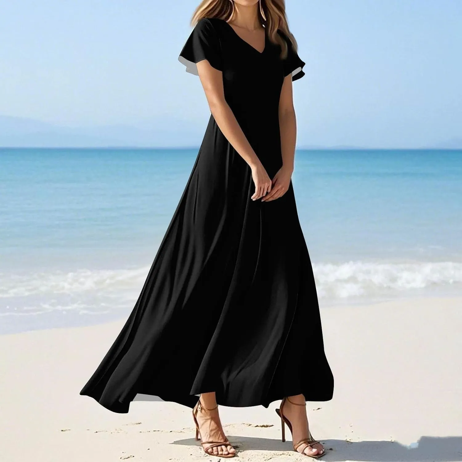 Summer Dresses for Women 2025 Floral V Neck Wrap Short Sleeve Dress Flowy Ruffle Elegant Casual Wedding Guest Dresses