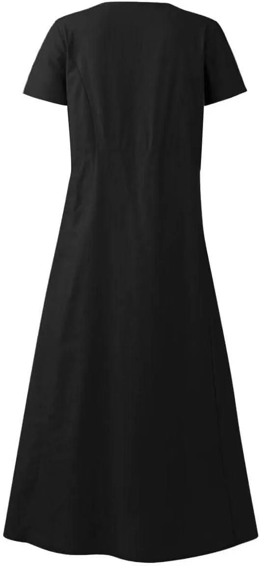 Summer Dresses for Women 2025 Flowy Cotton Linen Tshirt Dress Beach Vacation Maxi Short Sleeve Sundress with Pockets