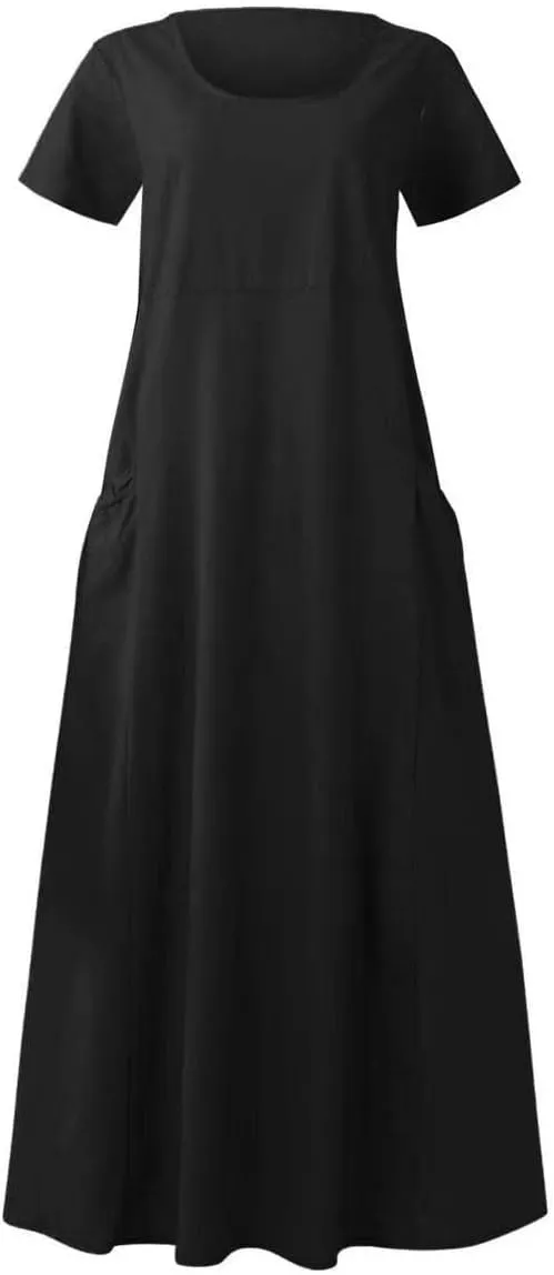 Summer Dresses for Women 2025 Flowy Cotton Linen Tshirt Dress Beach Vacation Maxi Short Sleeve Sundress with Pockets