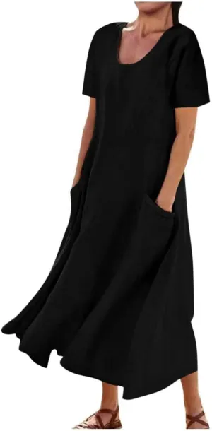 Summer Dresses for Women 2025 Flowy Cotton Linen Tshirt Dress Beach Vacation Maxi Short Sleeve Sundress with Pockets
