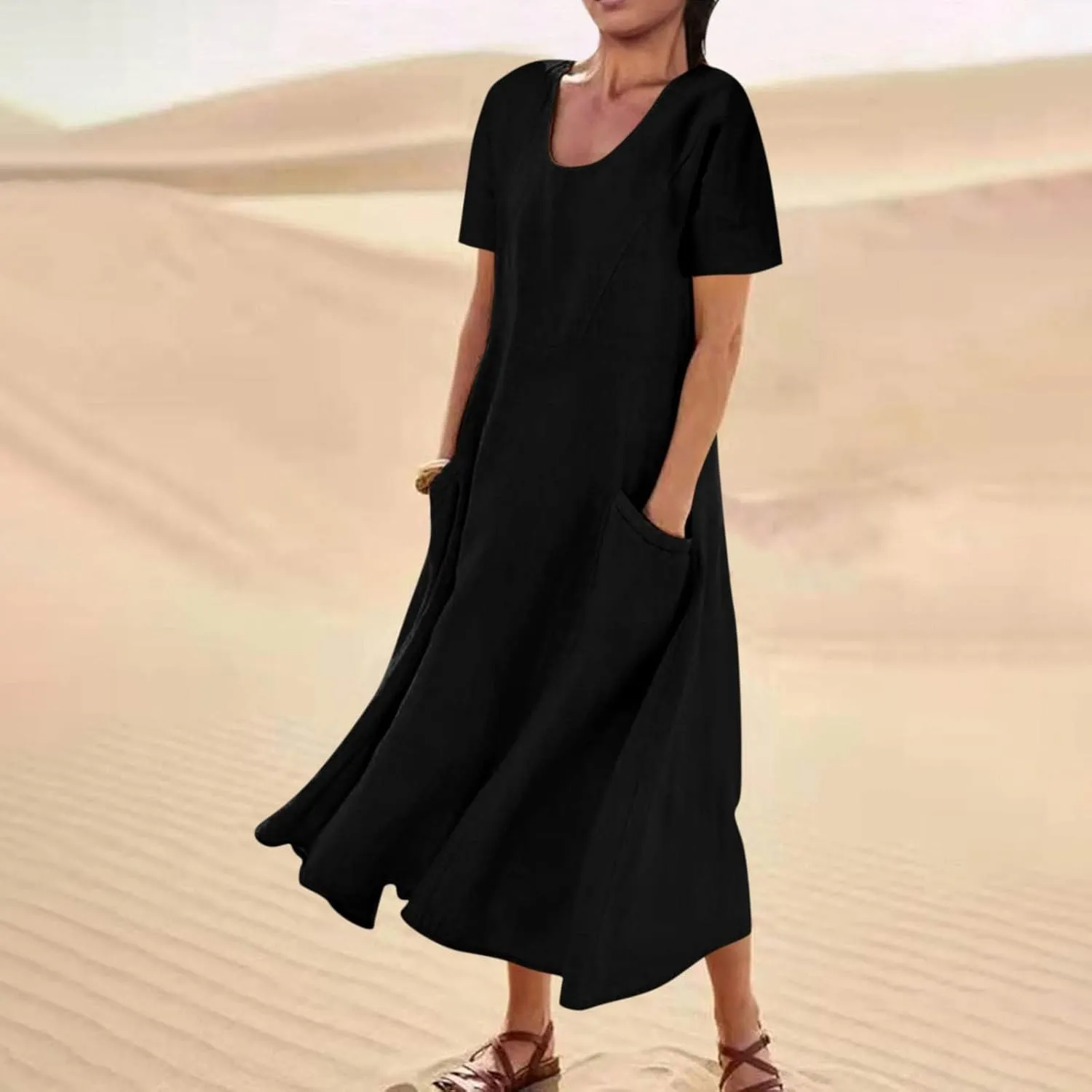 Summer Dresses for Women 2025 Flowy Cotton Linen Tshirt Dress Beach Vacation Maxi Short Sleeve Sundress with Pockets