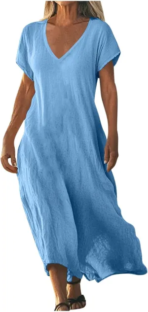 Summer Dresses for Women 2025 Flowy Trendy Casual Cotton Linen Dresses Beach Short Sleeve Vacation Maxi Sundresses