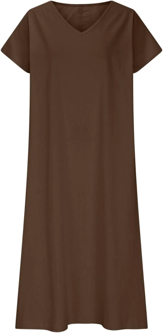 Summer Dresses for Women 2025 Flowy Trendy Casual Cotton Linen Dresses Beach Short Sleeve Vacation Maxi Sundresses